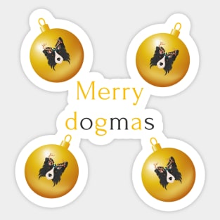 Merry Dogmas and Border Collie Head with Reindeer Ear in Golden Christmas Baubles Sticker